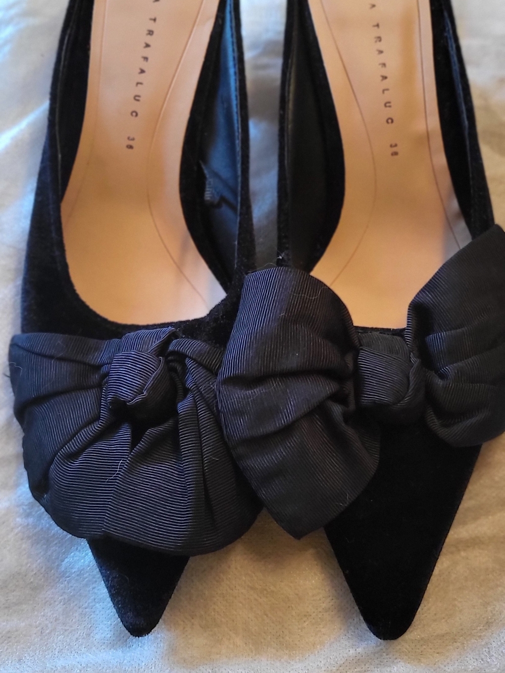 Zara Black Pointed Velvet Flats with Bow Accent